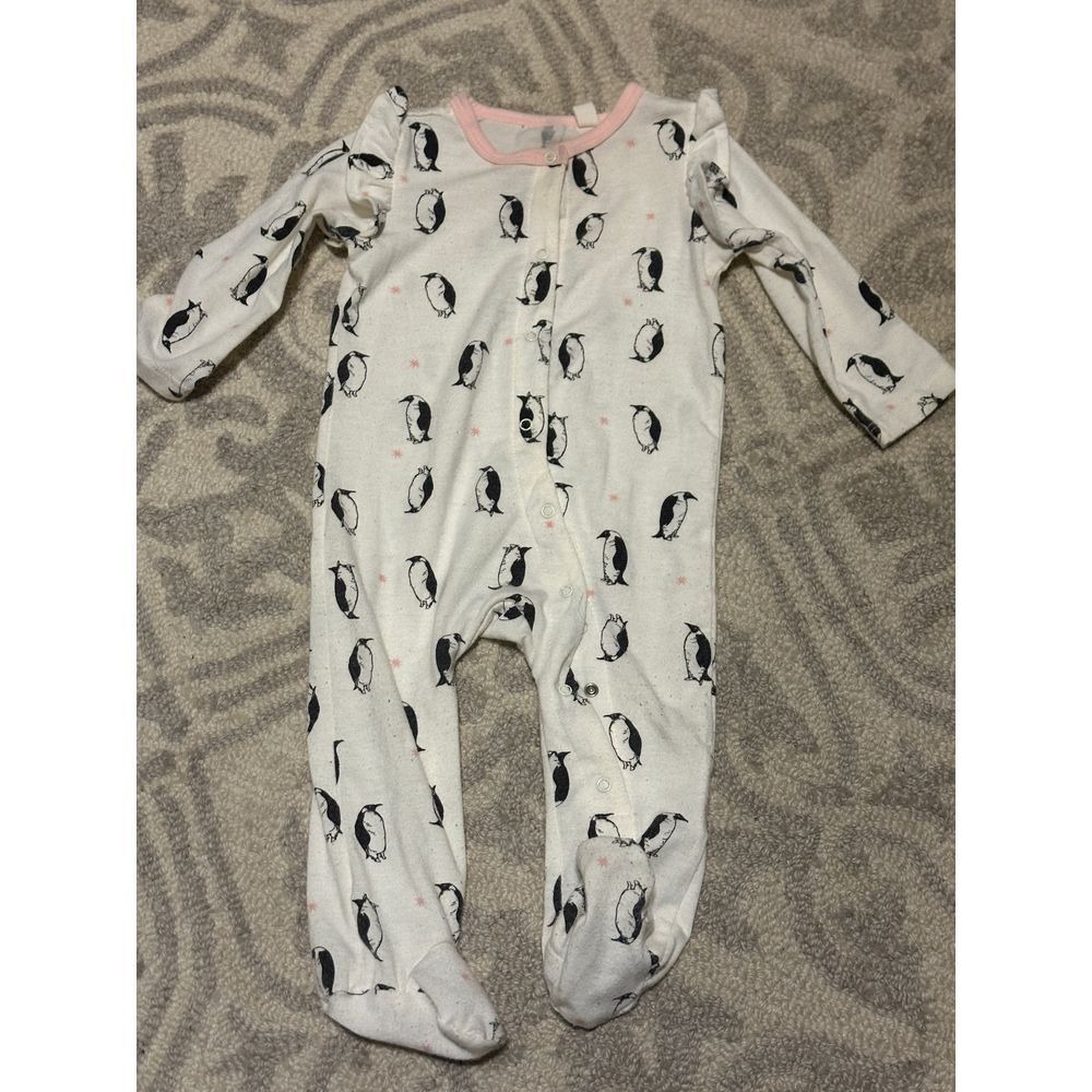 Jessica Simpson Baby Girl Penguin Print Footed Sleeper White Pink 3/6M Ruffles